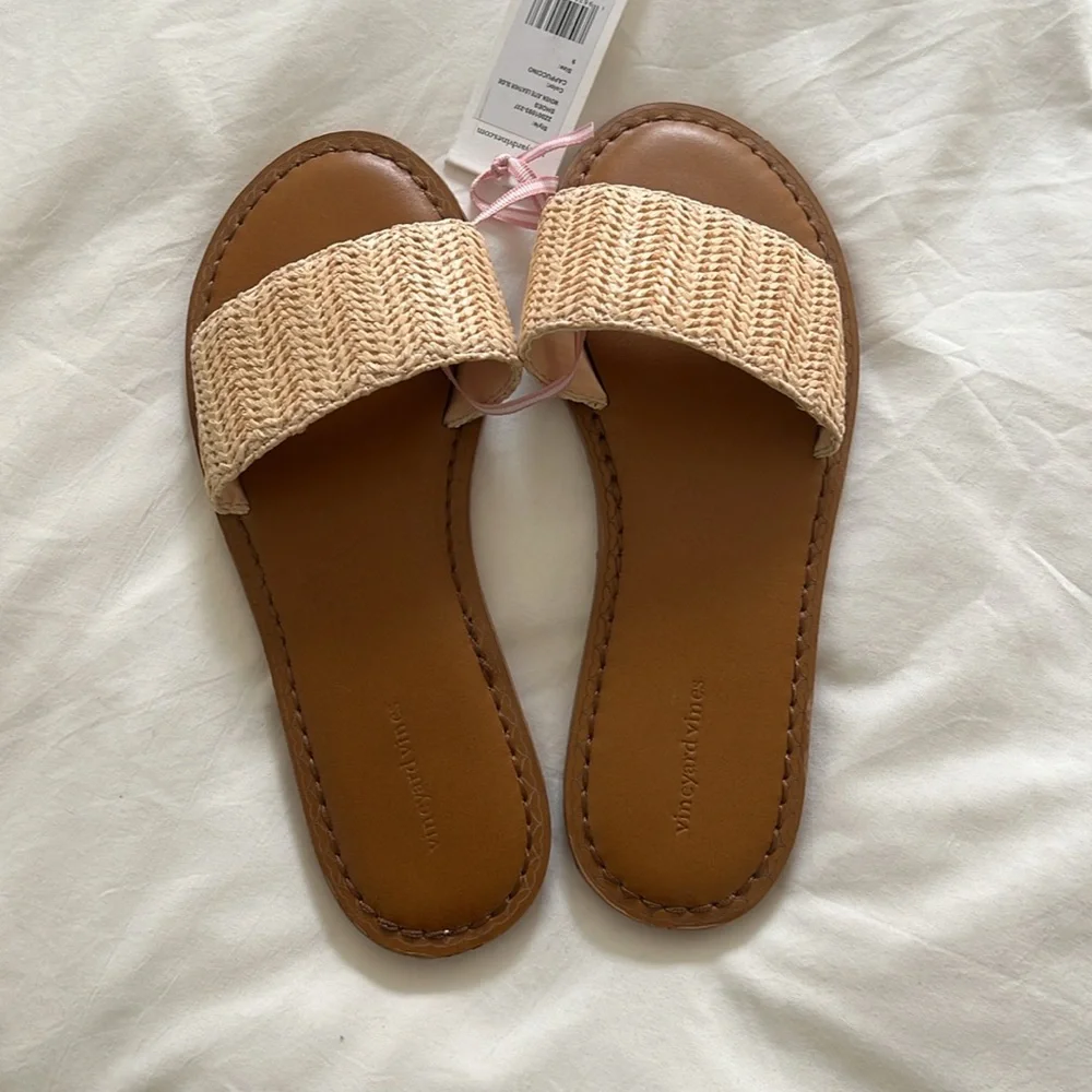 NWT Vineyard Vines Raffia Woven Jute Leather Slide Sandals - Picture 2 of 5